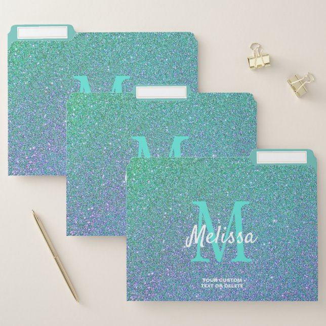 Girly Chic Teal Blue Glitter Monogram Name File Folder (Set)