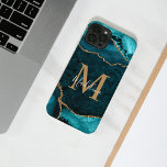 Girly Chic Teal Gold Agate Geode Monogram iPhone 14 Case<br><div class="desc">Design feature teal agate deode gemstone with custed gold glitter. Classic gold monogram with elegant script typography.</div>
