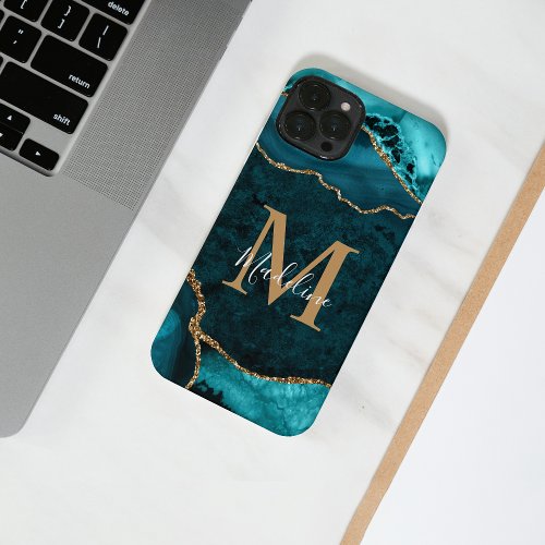 Girly Chic Teal Gold Agate Geode Monogram iPhone 14 Case