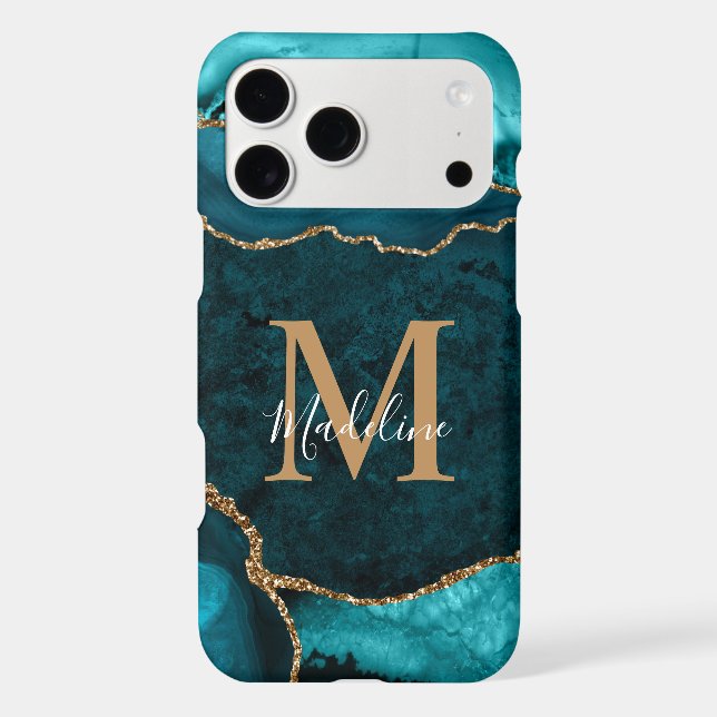 Girly Chic Teal Gold Agate Geode Monogram iPhone Case (Back)