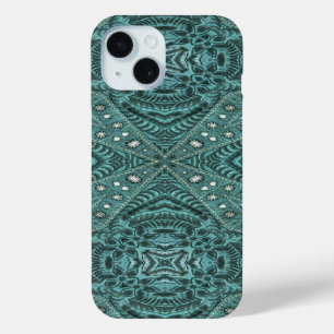 girly chic teal turquoise tooled leather pattern iPhone 15 case