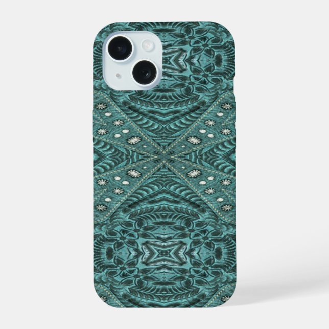 girly chic teal turquoise tooled leather pattern iphone case (Back)