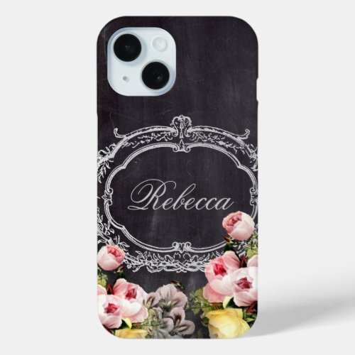 girly chic vintage chalkboard floral monogram iPhone 15 case