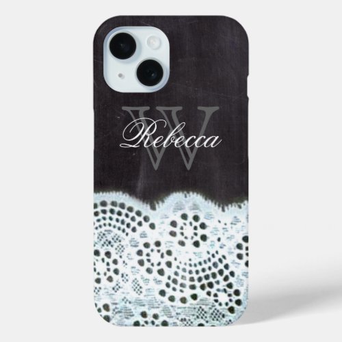 girly chic vintage lace chalkboard monogram iPhone 15 case