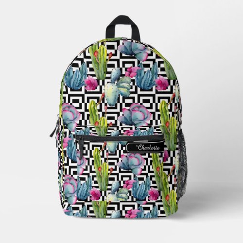 Girly Chic Watercolor Exotic Wildflower Cactus Printed Backpack