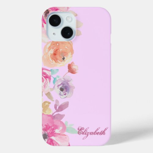 Girly Chic Watercolor Floral _Personalized iPhone 15 Case