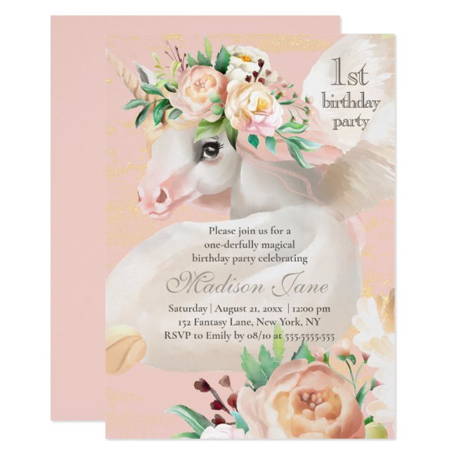 Girly Chic Watercolor Floral Unicorn 1st Birthday Invitation