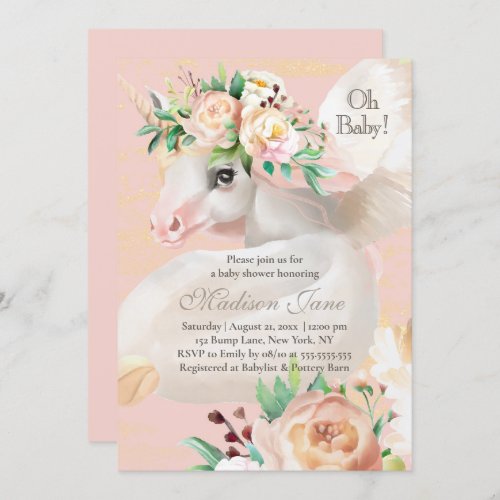 Girly Chic Watercolor Floral Unicorn Baby Shower Invitation
