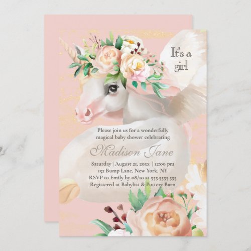 Girly Chic Watercolor Floral Unicorn Baby Shower Invitation