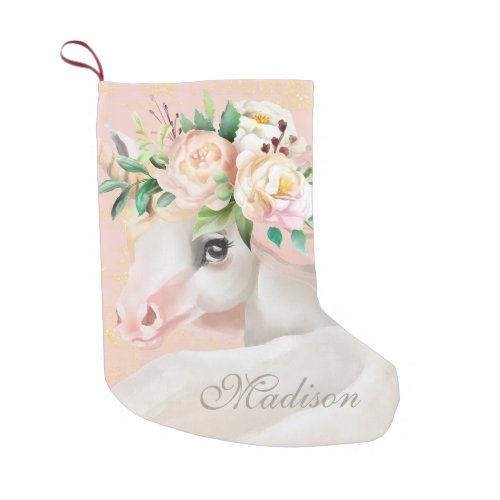 Girly Chic Watercolor Floral Unicorn Personalized Small Christmas Stocking