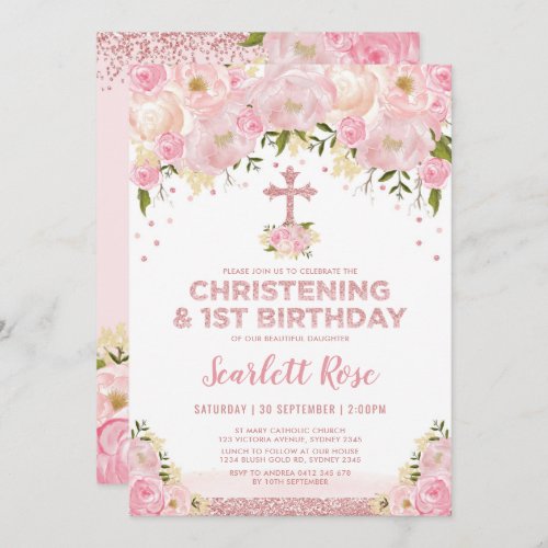 Girly Christening 1st Birthday Rose Gold Blush Invitation