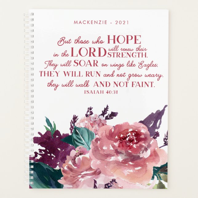 Girly Christian Bible Verse Isaiah 40 Pink Floral Planner (Front)