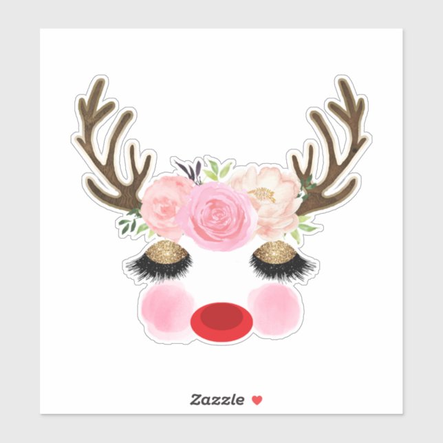 Girly Christmas Holiday Reindeer Floral Antlers Sticker (Sheet)