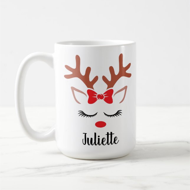 Girly Christmas Reindeer red bow nose personalized Coffee Mug (Left)