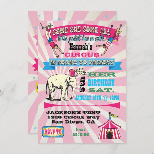 GIrly Circus Poster Style Party Invitations (Front/Back)