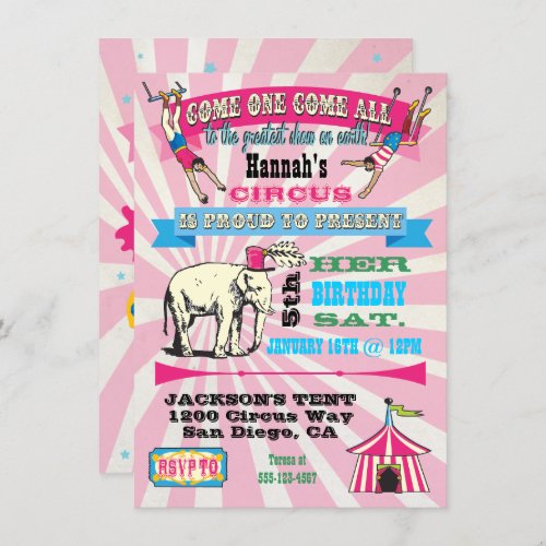 GIrly Circus Poster Style Party Invitations