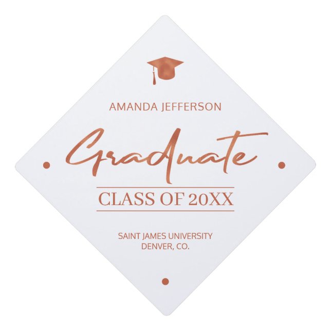 Girly class year and school rose gold trendy graduation cap topper (Front)