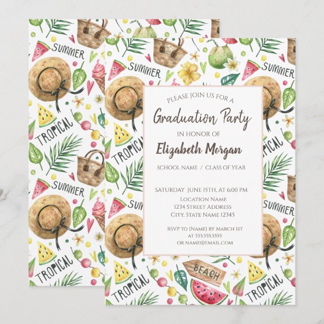 Girly Colorful Beach Relax Graduation Partry Invitation (Front/Back)