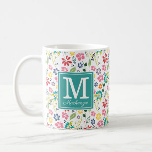 Girly Colorful Bohemian Spring Flowers Monogram Coffee Mug