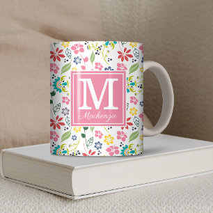 Girly Colorful Bohemian Spring Flowers Monogram Coffee Mug
