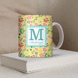 Girly Colorful Boho Spring Flowers Monogram Coffee Mug<br><div class="desc">Girly Colorful Bohemian Spring Flowers Monogram in sweet pretty shades of teal,  pink,  lime,  and pumpkin. Easy to customize with text,  fonts,  and colors. Created by Zazzle pro designer BK Thompson exclusively for Cedar and String; please contact us if you need assistance with the design.</div>