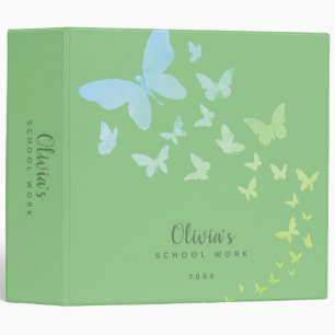 Girly Colorful Butterflies Personalized Green 3 Ring Binder