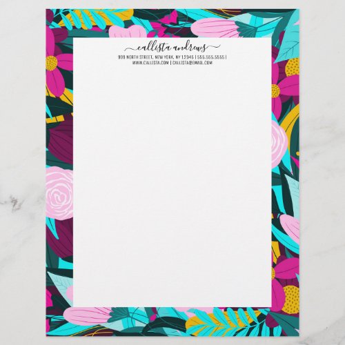 Girly Colorful Floral Leaves Illustration Pattern Letterhead