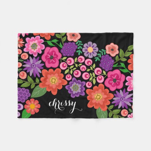 Girly Colorful Floral Pattern Custom Name Black  Fleece Blanket