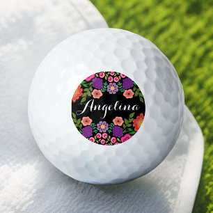 Girly Colorful Floral Pattern Custom Name Monogram Golf Balls