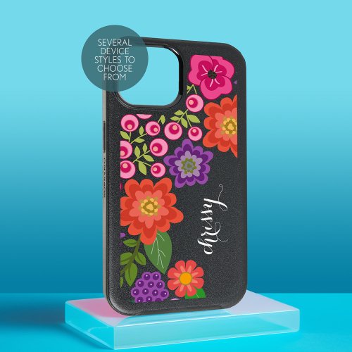 Girly Colorful Floral Pattern Custom Name Monogram iPhone 15 Case