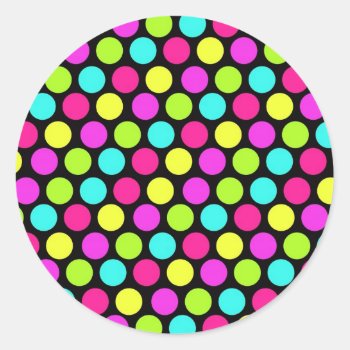 Girly Colorful Fun Neon Polka Dots Pattern Classic Round Sticker by PrettyPatternsGifts at Zazzle