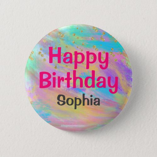 Girly Colorful Happy Birthday Unicorn Gold Glitter Button