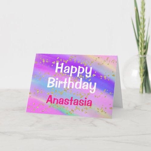 Girly Colorful Happy Birthday Unicorn Gold Glitter Card