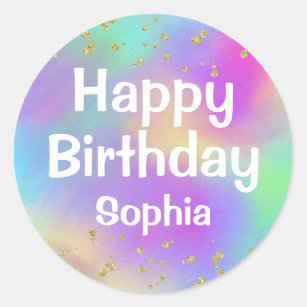 Girly Colorful Happy Birthday Unicorn Gold Glitter Classic Round Sticker