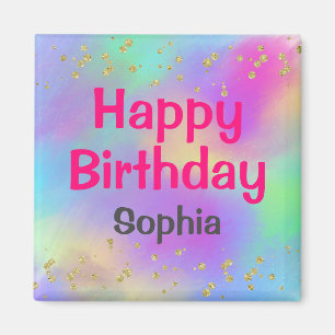 Girly Colorful Happy Birthday Unicorn Gold Glitter Magnet
