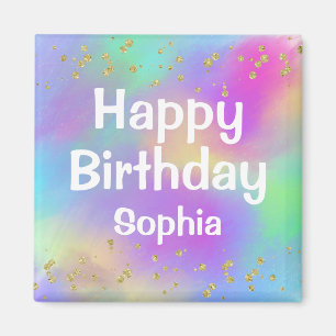 Girly Colorful Happy Birthday Unicorn Gold Glitter Magnet