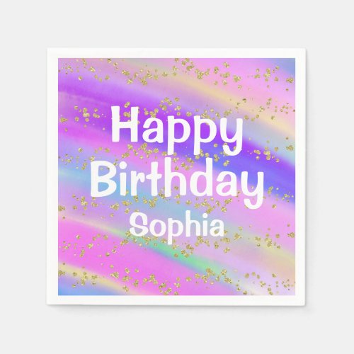 Girly Colorful Happy Birthday Unicorn Gold Glitter Napkins