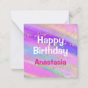 Girly Colorful Happy Birthday Unicorn Gold Glitter Note Card