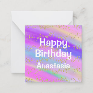 Girly Colorful Happy Birthday Unicorn Gold Glitter Note Card