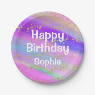Girly Colorful Happy Birthday Unicorn Gold Glitter Paper Plates