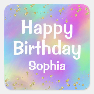 Girly Colorful Happy Birthday Unicorn Gold Glitter Square Sticker