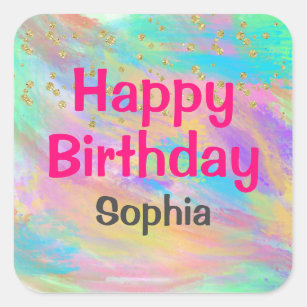 Girly Colorful Happy Birthday Unicorn Gold Glitter Square Sticker