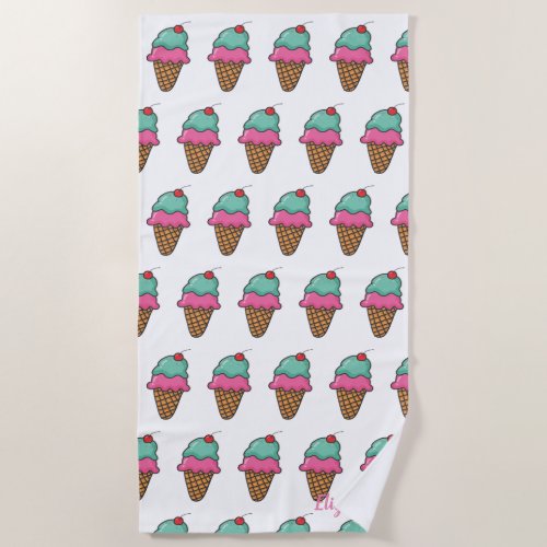 Girly Colorful Ice Cream Cones _ Personalized Beach Towel
