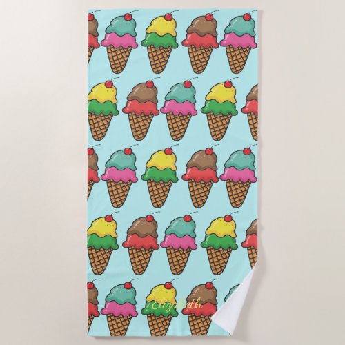 Girly Colorful Ice Cream Cones _ Personalized Beach Towel