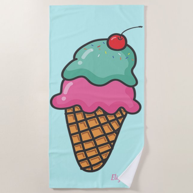 Girly Colorful Ice Cream Cones - Personalized Beach Towel (Front)
