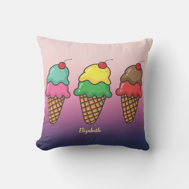 Girly Colorful Ice Cream Cones - Personalized Throw Pillow (Front)