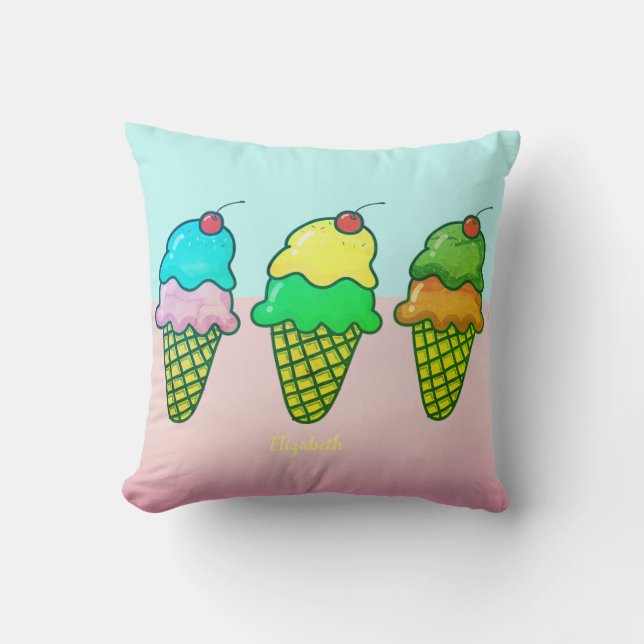 Girly Colorful Ice Cream Cones - Personalized Throw Pillow (Front)