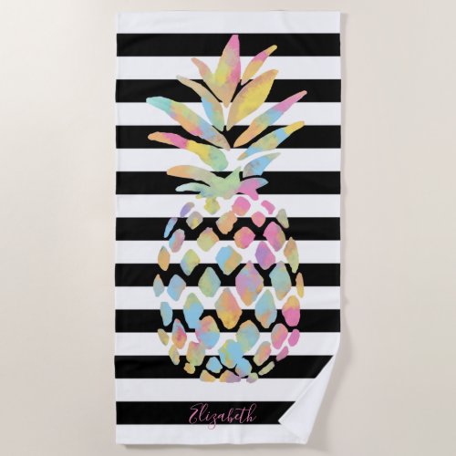 Girly Colorful Pineapple Black White Stripes Beach Towel