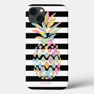 Girly Colorful Pineapple, Black White Stripes iPhone 13 Case