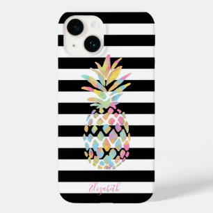 Girly Colorful Pineapple, Black White Stripes Case-Mate iPhone 14 Case